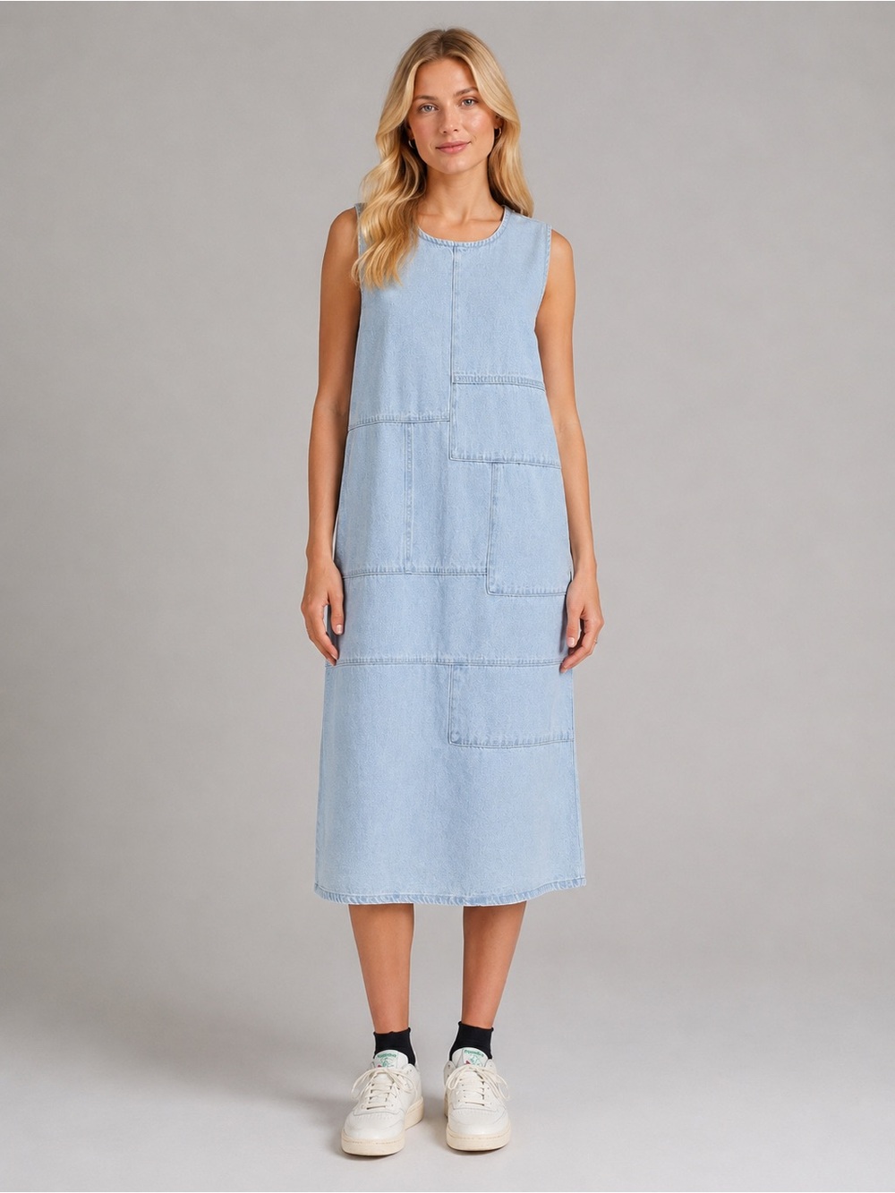 Stüssy Light Wash Denim Patchwork Midi Shift Dress Size 3 Cotton 25865